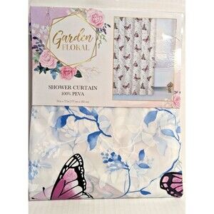 Garden Floral Butterfly Opaque Shower Curtain PEVA Blue Purple White Bath Gift